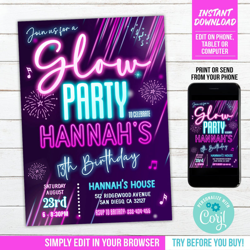 Glow in the Dark Party Invitation. Neon Glow Birthday Invite for Teen or Tween Girls. EDITABLE in Corjl GLO1