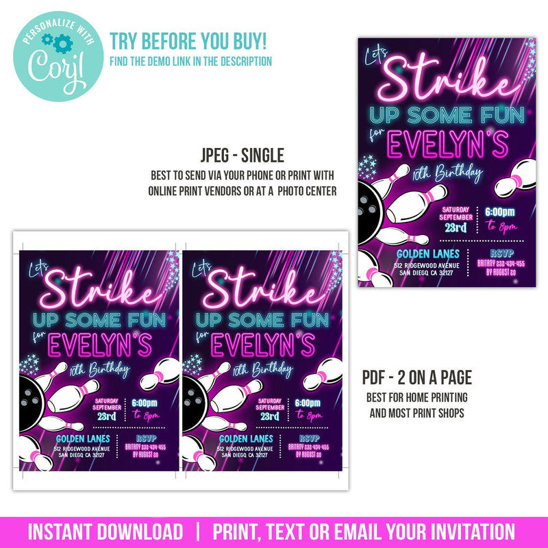 Bowling Party Invitation for Girls. EDITABLE Neon Glow in the Dark Tenpin Bowling Birthday Invite GLO1