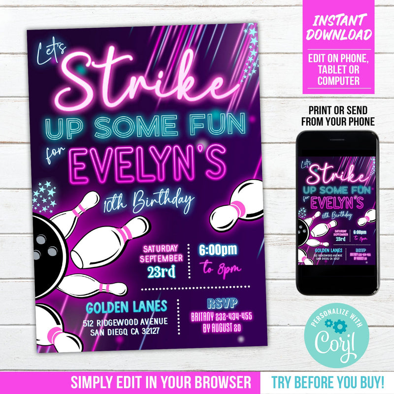 Bowling Party Invitation for Girls, Editable Neon Glow Tenpin Bowling Birthday Digital Invite