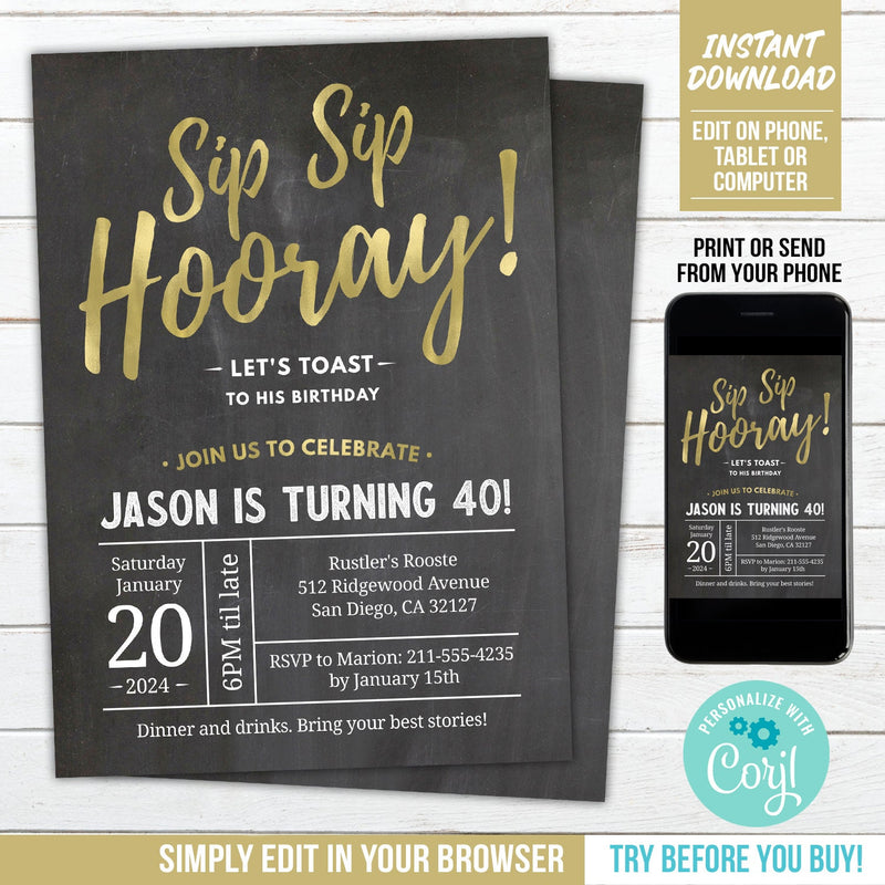 Editable Sip Sip Hooray Birthday Invitation. Gold and white on Chalkboard Digital Party Invite