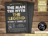 Editable 60th Birthday Invitation, The Man The Myth The Legend Party Digital Invite, Gold