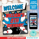 Bowling Birthday Party Welcome Sign.  EDITABLE Tenpin Bowling Party Sign for Boys BB1