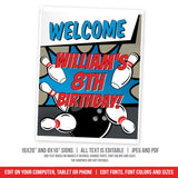 Bowling Birthday Party Welcome Sign.  EDITABLE Tenpin Bowling Party Sign for Boys BB1
