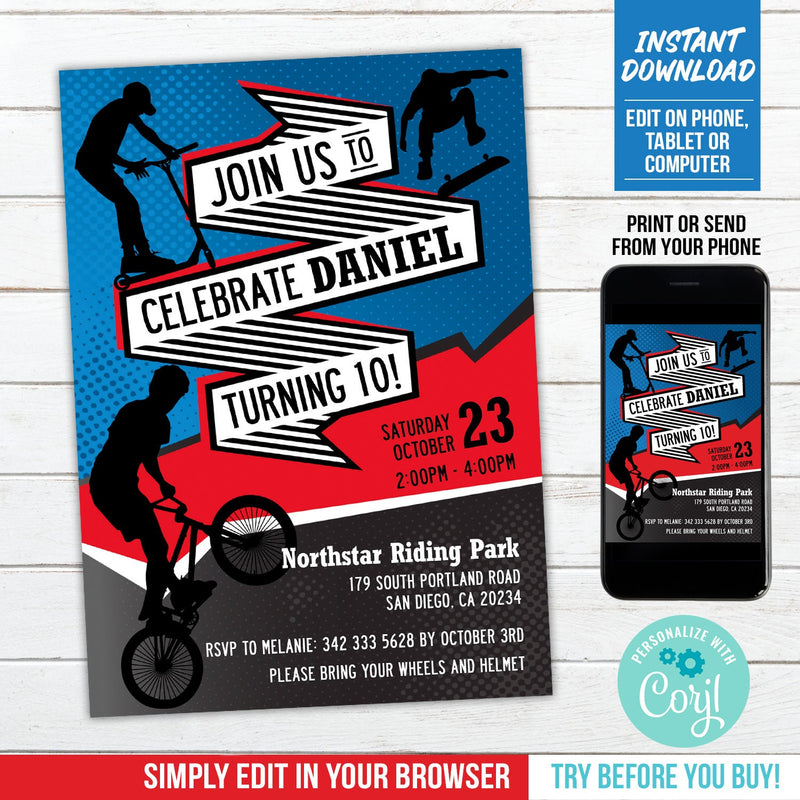 Bike Skate Scooter Birthday Invitation Editable Riding Party Invite Boys
