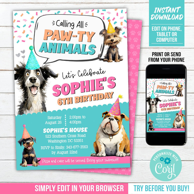 Calling All Pawty Animals! EDITABLE Puppy Dog Birthday Party Invitation with Cute Puppies Corjl PAW1