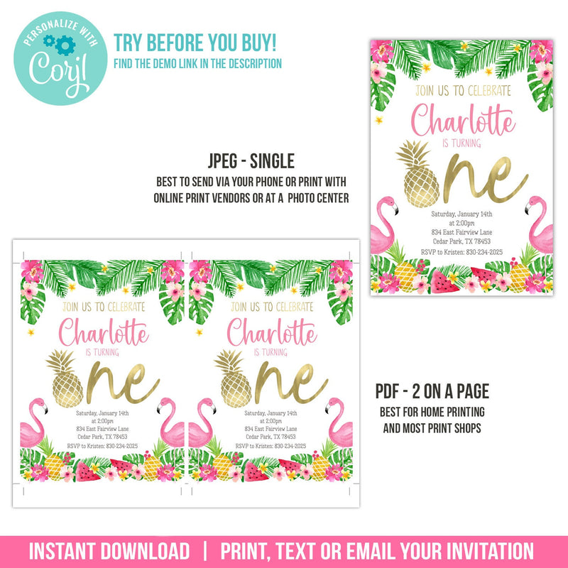 Pineapple First Birthday Invitation. EDITABLE Tropical Flamingo 1st Birthday Party Invite. TR1