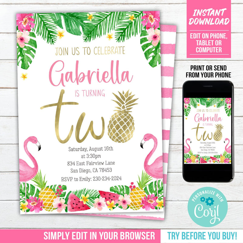 Pineapple 2nd Birthday Invitation. Editable Tropical Second Party Invite for Girls, Flamingo