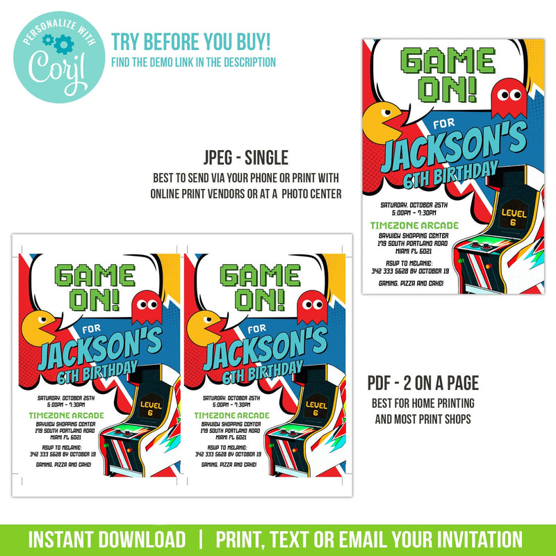 Arcade Party Invitation EDITABLE Arcade Birthday Invite with Pac-Man