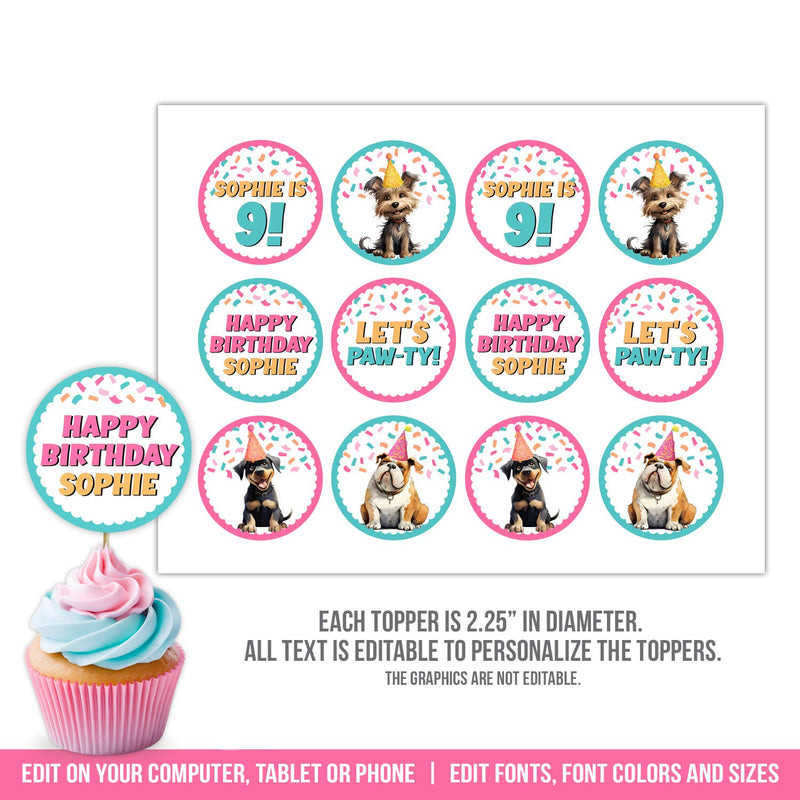 Puppy Dog Cupcake Toppers. EDITABLE Girl Pawty Decorations. Digital Download Toppers PAW1