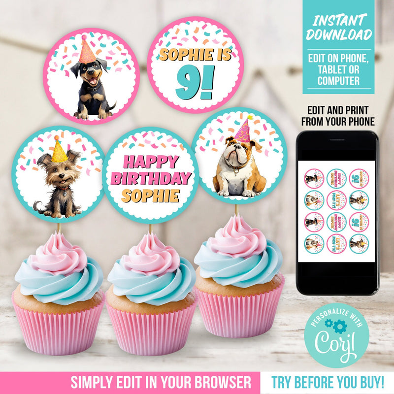 Puppy Dog Cupcake Toppers. EDITABLE Girl Pawty Decorations. Digital Download Toppers PAW1