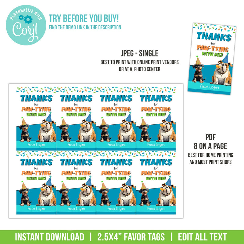 Puppy Dog Birthday Favor Tags. EDITABLE Paw-ty Thank You Tag. Digital Download PAW1