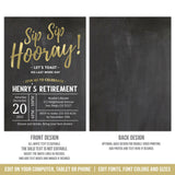 Retirement Party Invitation. EDITABLE Sip Sip Hooray Retiring Party Invite. Gold Chalkboard Man Retire RE1