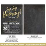 Editable Retirement Party Invitation, Sip Sip Hooray Retiring Party Digital Invite, Gold