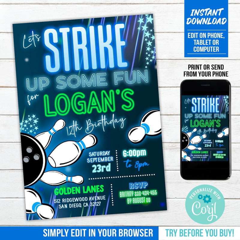 Bowling Birthday Invitation for Boys. EDITABLE Glow in the Dark Bowling Party Invite. Strike Up Fun!