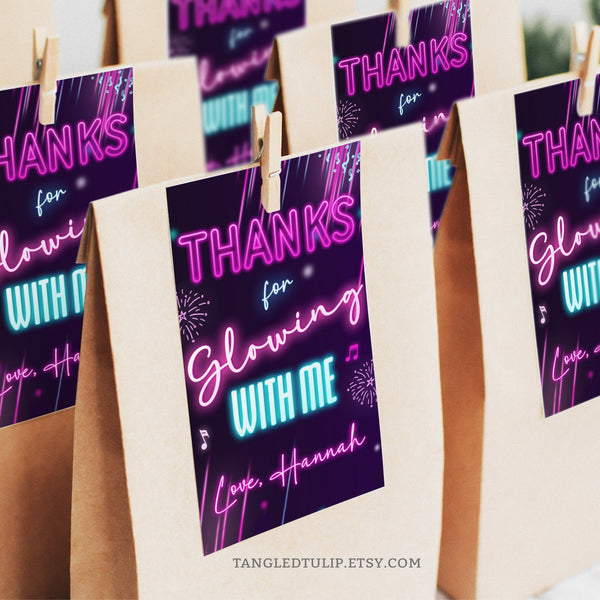 Editable Glow birthday party tags. Perfect for party favors for a teen or tween girl and a great addition to Neon Glow birthday decorations. Tangled Tulip Designs - Birthday Invitations