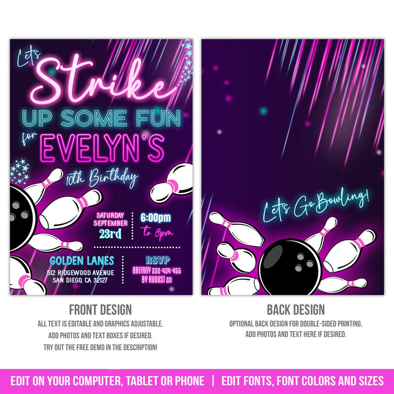 Bowling Party Invitation for Girls. EDITABLE Neon Glow in the Dark Tenpin Bowling Birthday Invite GLO1