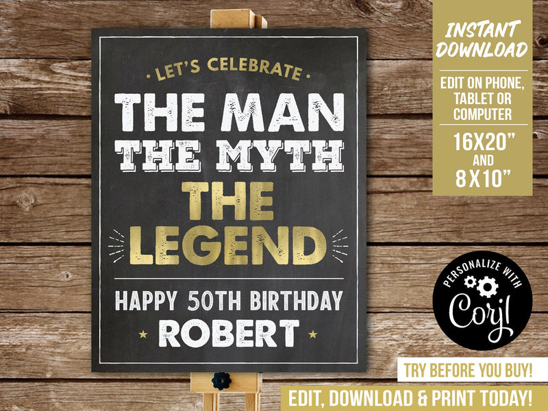 Man Myth Legend Birthday Sign. EDITABLE to be Personalized Chalkboard 50th Party Decoration Sign MM50 BG50 WG50