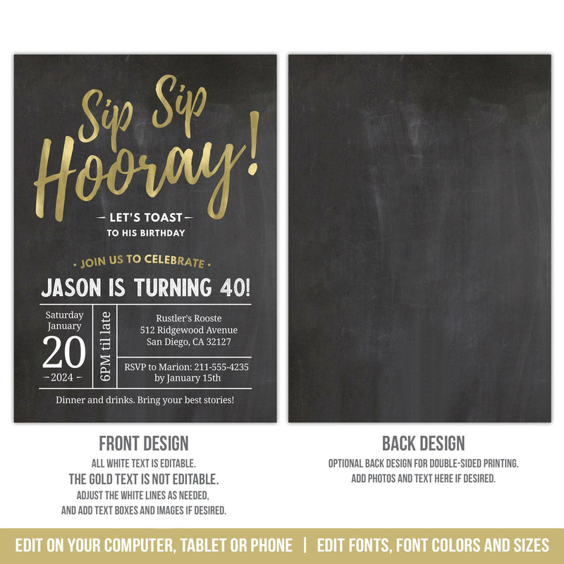 Sip Sip Hooray Birthday Invitation. EDITABLE Gold and White on Chalkboard Party Invite MM40
