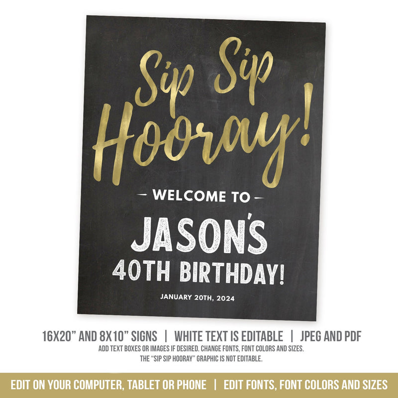 EDITABLE Party Decoration Sign. Sip Sip Hooray Party Welcome Sign in Gold MM40