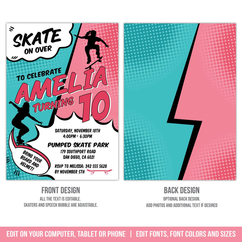 Editable Skateboarding Party Invite for Girls. Skater BirthdayInvitation Digital Download SK2