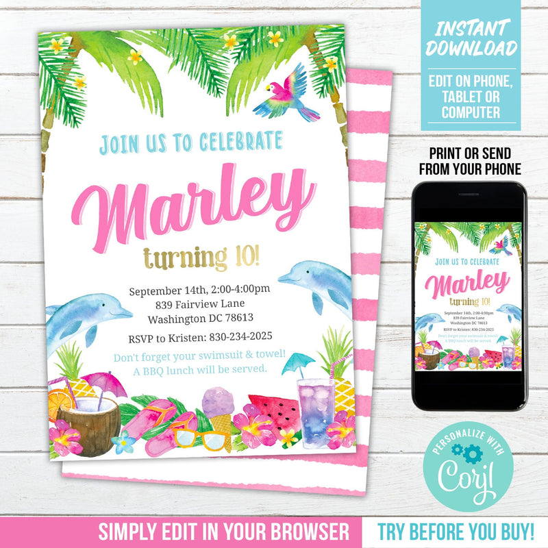 Tropical Birthday Invitation with Dolphins. Girl Summer Party Invite. EDITABLE Printable DO1