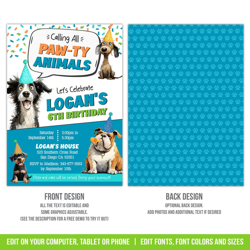 Puppy Dog Birthday Invitation for Boys. Calling All Pawty Animals EDITABLE Party Invite Corjl PAW1