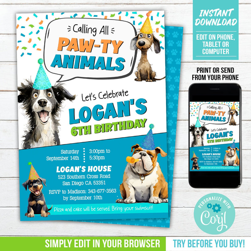 Editable Puppy Dog Birthday Invitation, Calling All Pawty Animals Digital Party Invite for a boy