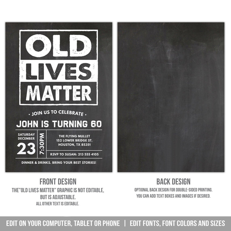 Old Lives Matter Birthday Invitation. Any Age EDITABLE Party Invite. Chalkboard Style OL1