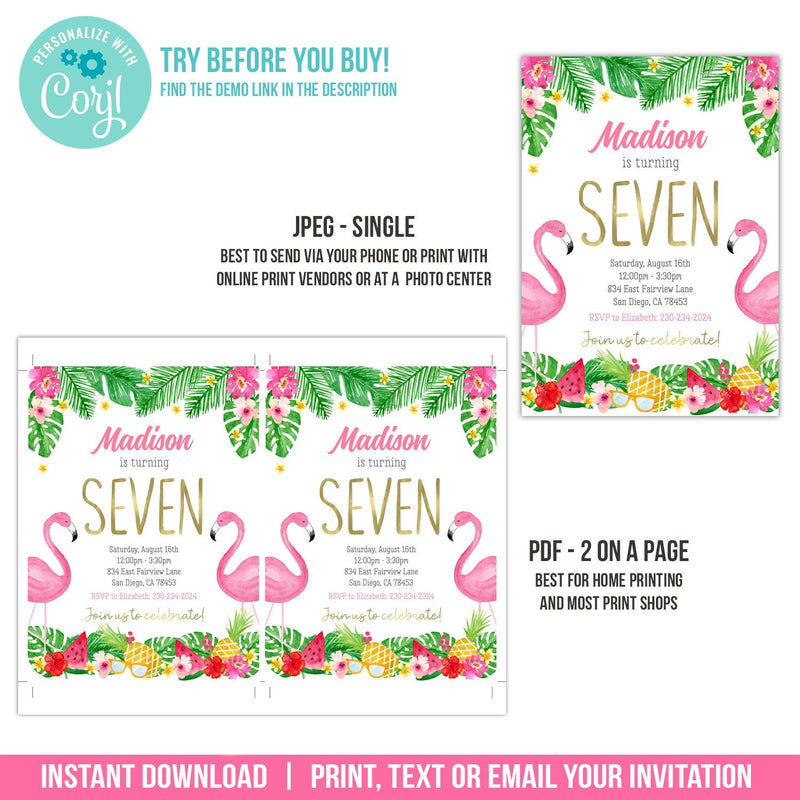 Flamingo Birthday Invitation, Girl Editable Tropical Summer Party Digital Invite