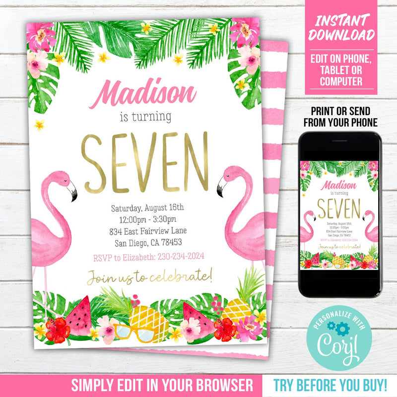 Flamingo Birthday Invitation, Girl Editable Tropical Summer Party Digital Invite