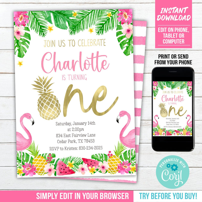 Pineapple First Birthday Invitation. EDITABLE Tropical Flamingo 1st Birthday Party Invite. TR1