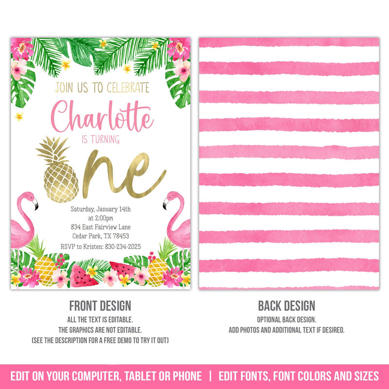 Pineapple First Birthday Invitation. EDITABLE Tropical Flamingo 1st Birthday Party Invite. TR1