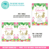 Pineapple 2nd Birthday Invitation. Editable Tropical Second Party Invite for Girls, Flamingo