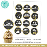 Man Myth Legend Birthday Cupcake Toppers. EDITABLE 40th Birthday or any age Slider Toppers. MM40 MM50