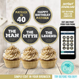 Man Myth Legend Birthday Cupcake Toppers. EDITABLE 40th Birthday or any age Slider Toppers. MM40 MM50