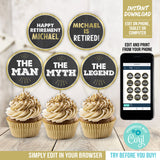Retirement Party Decorations. EDITABLE 'The Man The Myth The Legend' Cupcake or Slider Toppers. Instant Download RE1