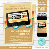 Editable 70s Party Invitation Template, Retro Cassette Tape, Mixtape Digital Invite for a Man