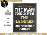 Man Myth Legend Birthday Sign. EDITABLE to be Personalized Chalkboard 50th Party Decoration Sign MM50 BG50 WG50