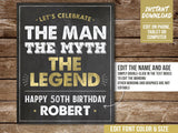 Man Myth Legend Birthday Sign. EDITABLE to be Personalized Chalkboard 50th Party Decoration Sign MM50 BG50 WG50