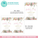 Editable Boho Birthday Invitation for a woman. Protea theme party digital invite