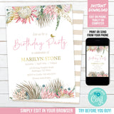 Editable Boho Birthday Invitation for a woman. Protea theme party digital invite