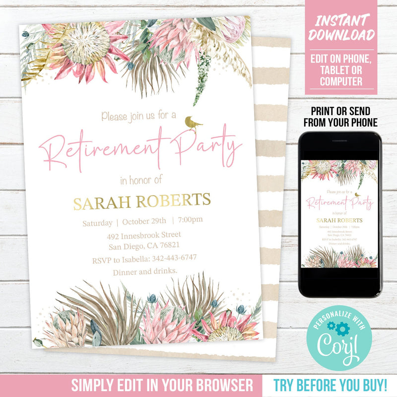 Editable Retirement Party Invitation, Woman Boho Floral Proteas Retirement Digital Invite