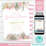 Bridal Shower Invitation in a Boho theme. EDITABLE Bohemian Proteas Bridal Shower Invite, Gold Accents BOH1