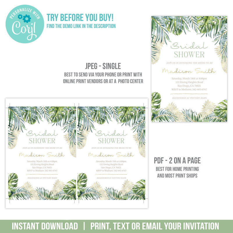 Bridal Shower Invitation Tropical Leaves, Gold Pineapples. EDITABLE Bridal Shower Invite, Corjl BOH2