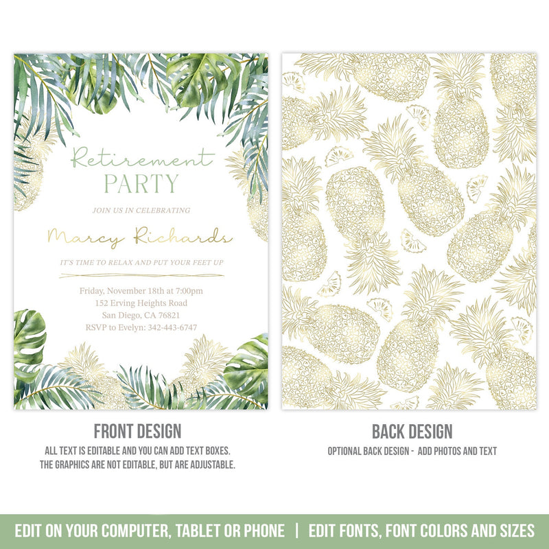 Tropical Retirement Party Invite. EDITABLE Woman Retirement Invitation with Gold Pineapples. Tropical Leaves BOH2 RE2