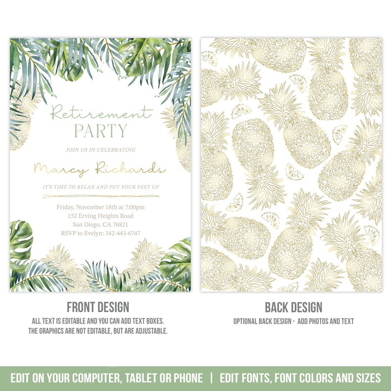 Editable Tropical Retirement Party Invitation. Woman Retirement Digital Invite with Gold Pineapples