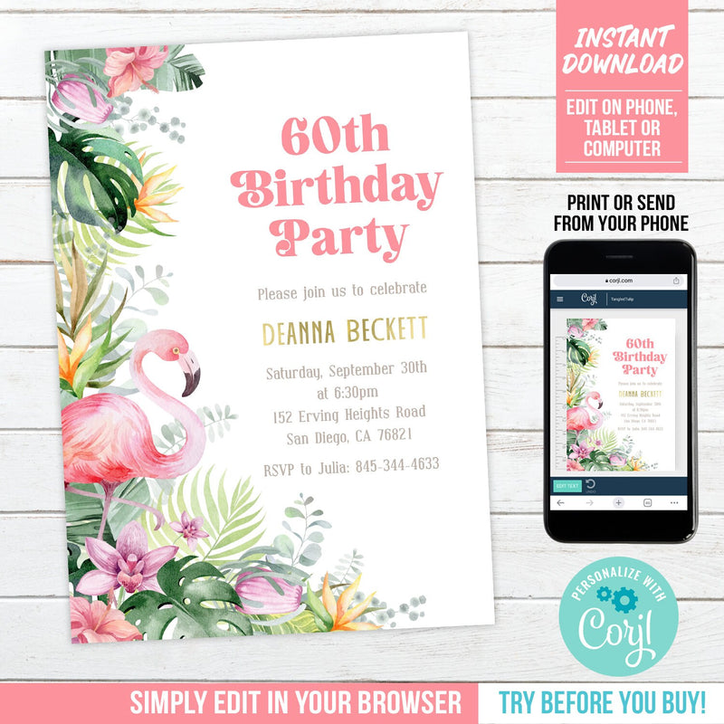 Flamingo Tropical 60th Birthday Party Invitation. EDITABLE Tropical Flowers Invite for Any Age BOH3