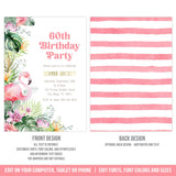 Flamingo Tropical 60th Birthday Party Invitation. EDITABLE Tropical Flowers Invite for Any Age BOH3