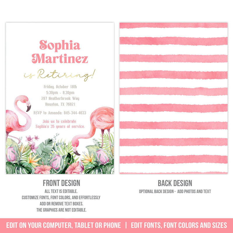 Retirement Party Invitation with Flamingos. EDITABLE Tropical Floral and Gold Invite BOH3 RE2