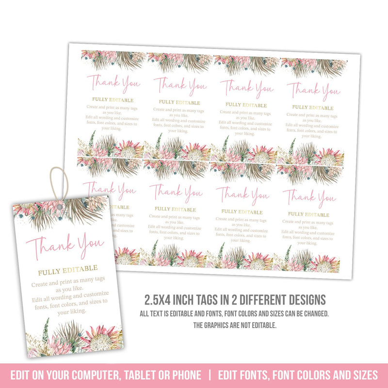 Favor Gift Tags. EDITABLE Thank You Tags. Floral and Gold Bohemian Tag Template for Any Occasion BOH1